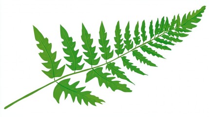 Close-up view of a vibrant green fern frond on a white background, showcasing its intricate leaf structure.