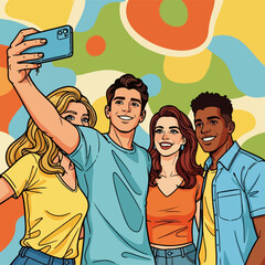 Obraz premium Friends selfie with smiling group of diverse young adults taking a photo with smartphone. Happy friends selfie showcases joyful expression and togetherness.