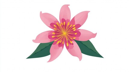A beautiful pink flower with six petals and green leaves, featuring a vibrant yellow-orange center.