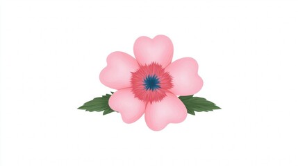 A simple watercolor illustration of a pink flower with a blue and red center and two green leaves on a white background.
