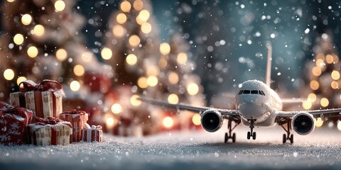 Miniature airplane surrounded by holiday gifts and Christmas trees in a snowy setting