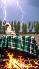 Bird on a blanket over a fire