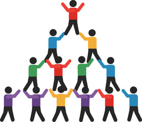 A vibrant human pyramid representing teamwork, unity, and successful collaboration, ideal for concepts of support, community, and leadership.