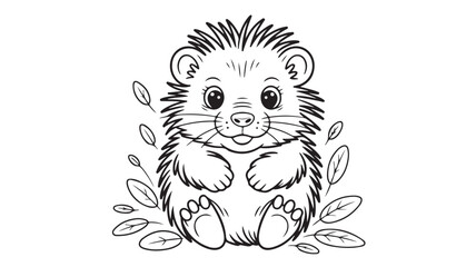 Adorable cartoon hedgehog sitting amidst leaves perfect for coloring pages and childrens illustrations