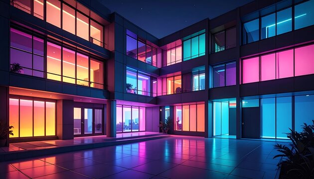 Modern building facade illuminated with vibrant neon colors at night.