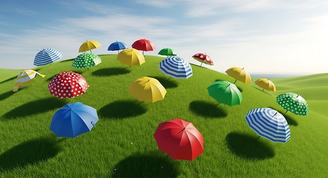 Colorful umbrellas scattered across a vibrant green grassy hill under a bright sky