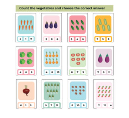 Educational worksheet with vegetables for kids,Worksheet for preschool kids,Learning vegetables counting page for children.
