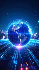 Futuristic globe over a digital city landscape