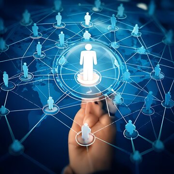Hand interacting with a network of people