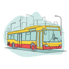 Urban bus line illustration with yellow and red bus driving in city, sketch artwork. Depicting urban bus in linear style on light blue background, vector drawing.