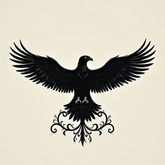 Obraz premium Black and white stylized illustration of an eagle with spread wings perched on a swirling branch. Features detailed feathers and elegant decorative base, suggesting power and freedom.