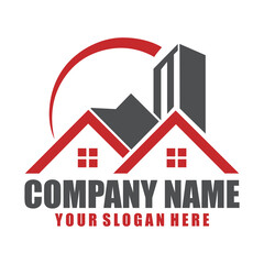 Real Estate Logo Design – Modern House and Building Icon with Red Roof, Skyline, and Sun