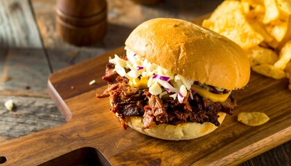 Delicious pulled pork sandwich on a bun with coleslaw