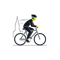 Naklejka premium Urban cycling, person wearing helmet rides bicycle in city, motion blur behind. Active lifestyle of urban cycling shown as person in helmet, riding on bicycle with city buildings.