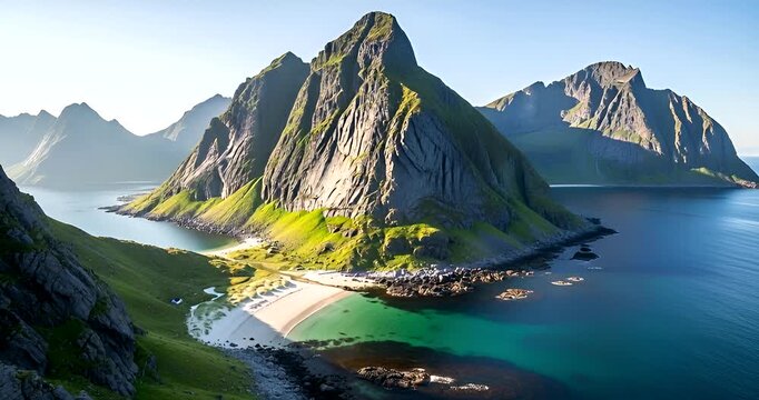 Breathtaking aerial view of Segla Mountain and the coastline of Senja Island Norway