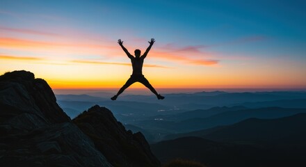 Silhouette of a person jumping with arms raised against a vibrant sunset over a mountainous landscape.