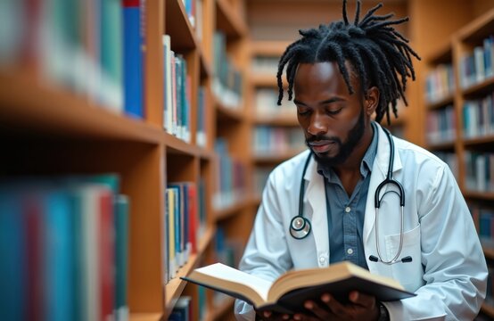 Young Black man in white lab coat with stethoscope studies open book in library. Medical student diligently reads text for knowledge. Represents dedication, learning, career growth in healthcare. - Powered by Adobe