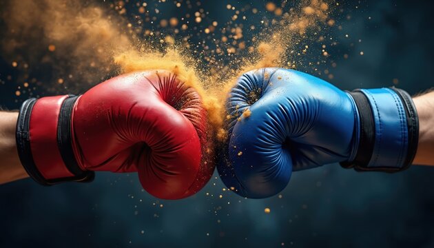 Red and blue boxing gloves clash head-on, creating an explosion of golden powder and sparks. This intense sports action captures raw power, skill, and the dynamic energy of a boxing match showdown. - Powered by Adobe