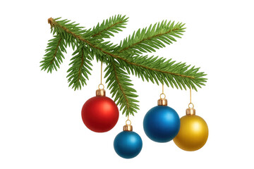 Fototapeta premium Fir branch holding colorful christmas balls on transparent background