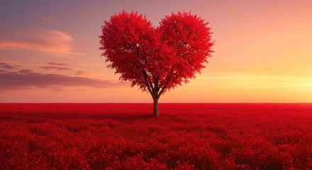 A solitary tree with heart-shaped foliage stands in a vibrant red field under a colorful sunset.