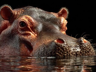 Fototapeta premium Hippopotamus partially submerged in water at night showcasing distinctive features and natural habitat