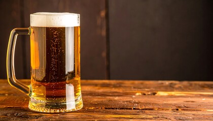Light beer in a glass mug on a wooden table