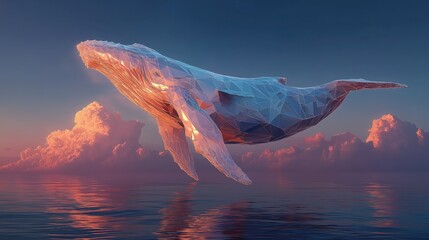 夕焼け空と広がる海の上を飛ぶ多角形のクジラ | Polygonal Whale Flying Over Vast Ocean and Sunset Sky