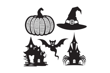 Halloween icons silhouette set pumpkin witch hat haunted houses and bat