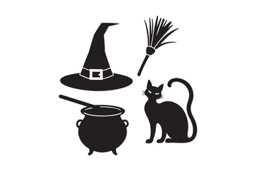 Halloween silhouette icons of witch hat broom cauldron and black cat