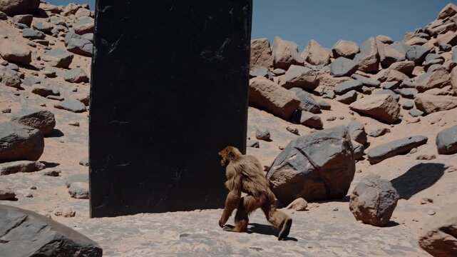 A low-angle shot captures a mysterious monolith in a rocky desert landscape, with a primate approaching. The scene evokes a cinematic video feel.