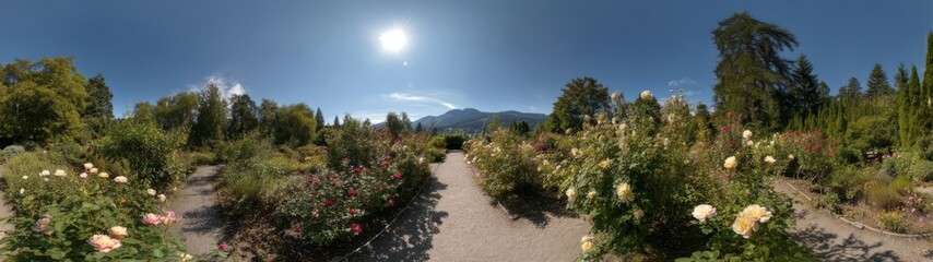 Obraz premium Blooming rose garden tour scenic landscape nature photography vibrant environment panoramic view