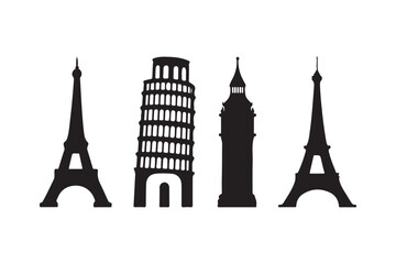 Obraz premium Iconic landmarks silhouette collection featuring eiffel tower and leaning tower of pisa