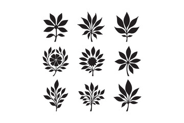 Collection of nine stylized black leaf silhouettes on white background