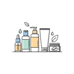 Skincare routine with cosmetic bottles and jars isolated on white background. Skincare routine includes containers for beauty products with natural extracts and organic ingredients,