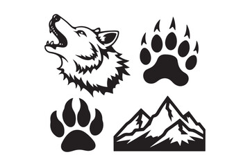 Howling wolf paw prints and mountain peaks in a sketchy style