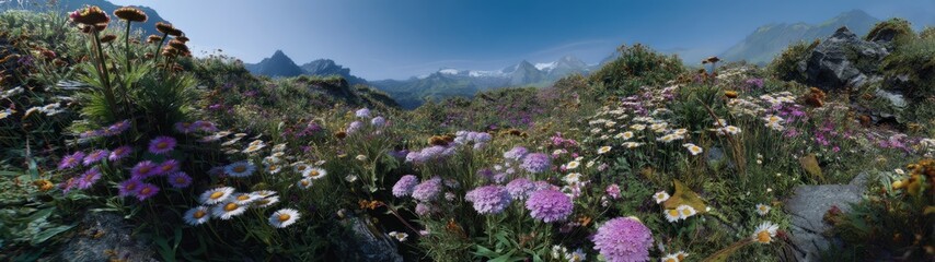 Fototapeta premium Vibrant wildflower bloom mountainous landscape nature scene daylight panoramic view natural beauty