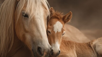 Obraz premium Mother and foal bond in soft light on a peaceful farm during the golden hour