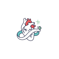 Heart health illustration showing human heart with two green medical crosses in simple design. Heart health concept emphasizes wellness and medical support for healthy heart function.