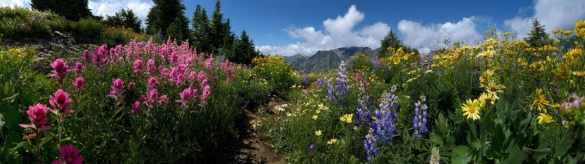 Fototapeta premium Vibrant wildflower bloom in mountain landscape nature photography outdoor scenic view colorful flora