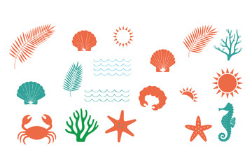 Tropical Sea Elements Collection – Crab, Seahorse, Shells, Coral, Starfish, Palm Leaves, and Sun Icons