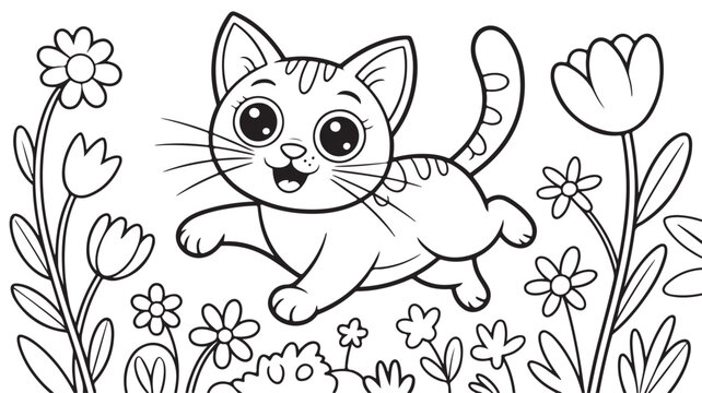 Adorable cartoon kitten playing happily in a spring garden filled with flowers