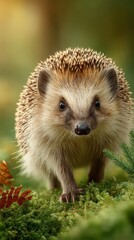 Fototapeta premium Hedgehog exploring a lush green forest floor during a sunny afternoon in springtime