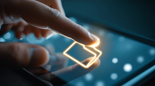 Finger touching a glowing folder icon on a tablet screen with a blurred blue background and bokeh lights