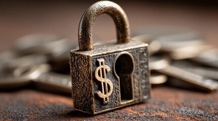 Close up of an ornate metal padlock with a dollar sign on it and keys in the background focus - Powered by Adobe