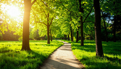 A Serene Park Pathway Curving Through Lush Green Trees Illuminated by Warm Morning Sunlight
