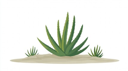 Fototapeta premium Illustration of an aloe vera plant with two smaller plants on sandy ground.