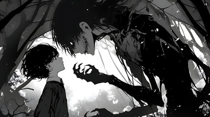 Boy and demon monster Horror scene, black and white Anime