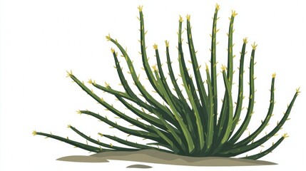 Fototapeta premium Illustration of a green pencil cactus plant with many stems and small yellow flowers.
