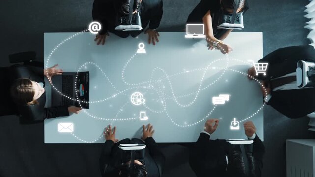 A business team utilizes virtual reality technology during a collaborative meeting focused on digital transformation, showcasing innovative strategies for success and growth. Raster