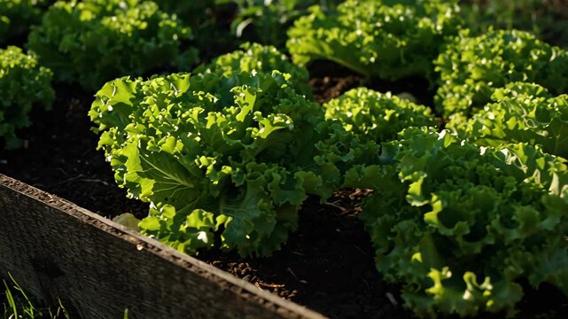 Fresh green lettuce plants growing in rows in raised garden bed under sunlight. Agriculture, eco-living, organic food and gardening